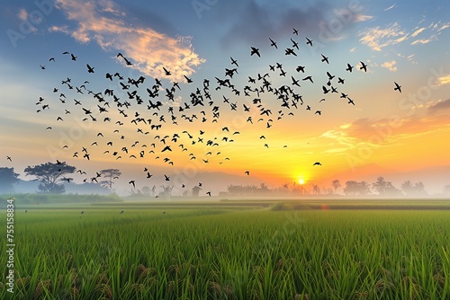 Birds Thriving in a Rice Field Ecosystem on Earth Day, Capturing the Harmony between Wildlife and Agriculture at Dawn