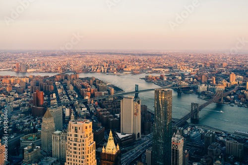 Aerial view of Brooklyn bridge and Manhattan bridge with Brooklyn cityscape skyscrapers bulding from Lower Manhattan in New York City New York State NY , USA