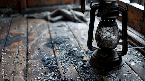 A Glimpse of Mining Heritage: Vintage Miner's Lantern Illuminating the Shadows on a Coal-Dusted Wooden Surface - A Symbol of Industrial Age and bygone Workmanship photo