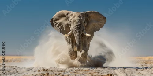 Obraz un gorsso elefante che salta verso la macchina fotografica con la bocca aperta in un ringhio, lo sfondo è la steppa della Patagonia in Argentina con un cielo limpido e blu