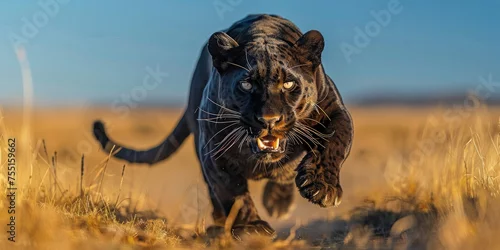 Fototapeta samoprzylepna una pantera di grosse dimensioni  che salta verso la macchina fotografica con la bocca aperta in un ringhio, lo sfondo è la steppa della Patagonia in Argentina con un cielo limpido e blu