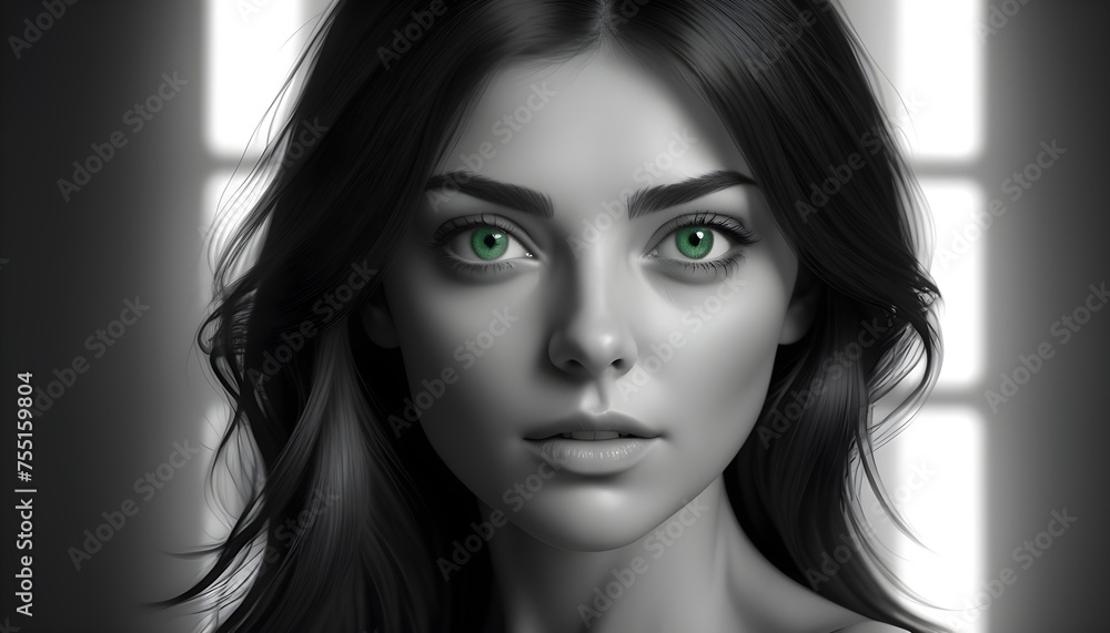 Black and white close-up portrait of a young woman model, brunette, long hairs, deep green eyes, Black and white close-up portrait of a young woman model, brunette, long hairs, deep green eyes,