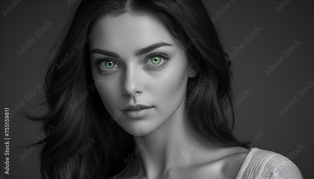 Fototapeta premium Black and white close-up portrait of a young woman model, brunette, long hairs, deep green eyes, 