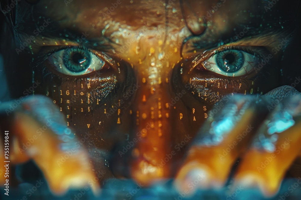A close-up of a persons face with striking blue hacker eyes, focused and intense. A close-up of a persons face with striking blue hacker eyes, focused and intense.