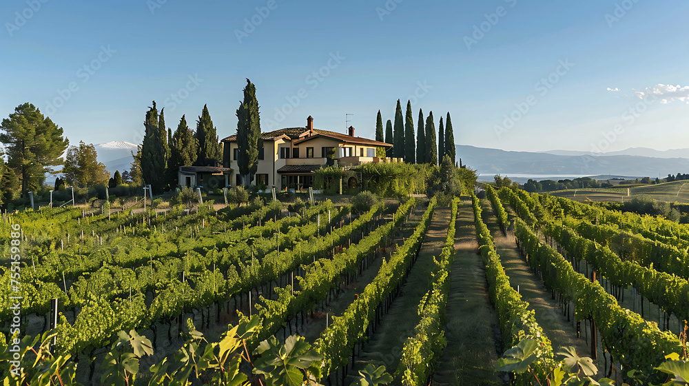 The image shows a beautiful landscape with a large vineyard. In the background, there is a large house with a beautiful view of the valley.