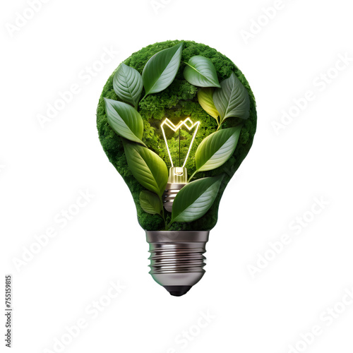 green light bulb, light bulb with green leaf, green energy concept, transparent background