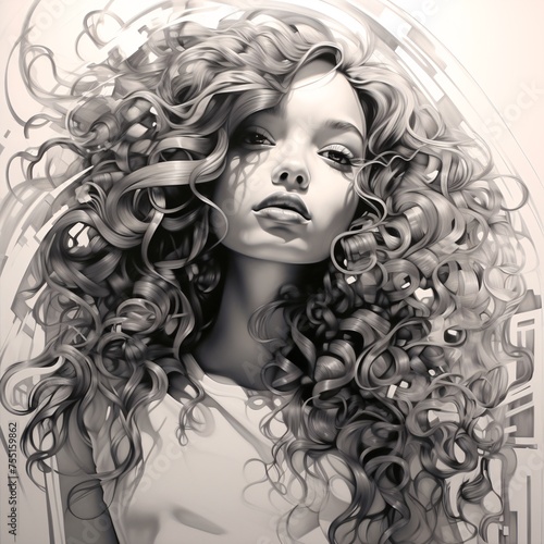 the black and white representation of a girl with long curly hair