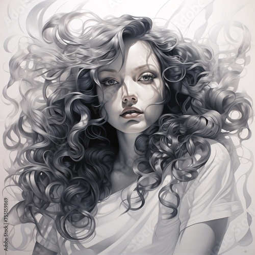 the black and white representation of a girl with long curly hair