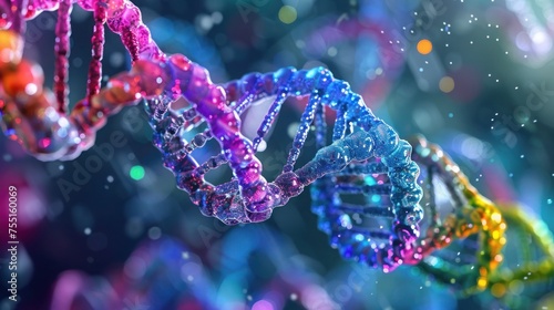 Color gradient of human DNA molecule strands on colorful abstract background, Intricate helix structure of DNA with crystalline detail