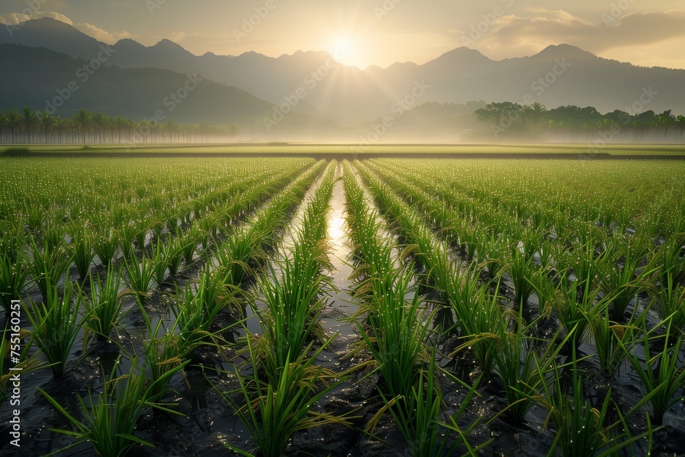 Earth Day Awakening in a Dew-Kissed Rice Field, Highlighting the Importance of Water Conservation in Agriculture - obrazy, fototapety, plakaty 