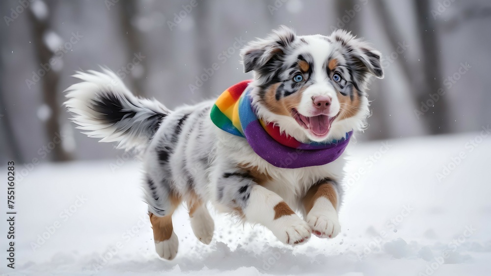 A cheerful Australian shepherd puppy, its blue merle coat shining, wearing a fuzzy purple hat and a rainbow-striped scarf, leaping joyfully through the snow.