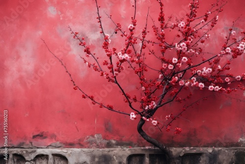 Traditional Sakura red wall without door. Street exterior. Generate Ai