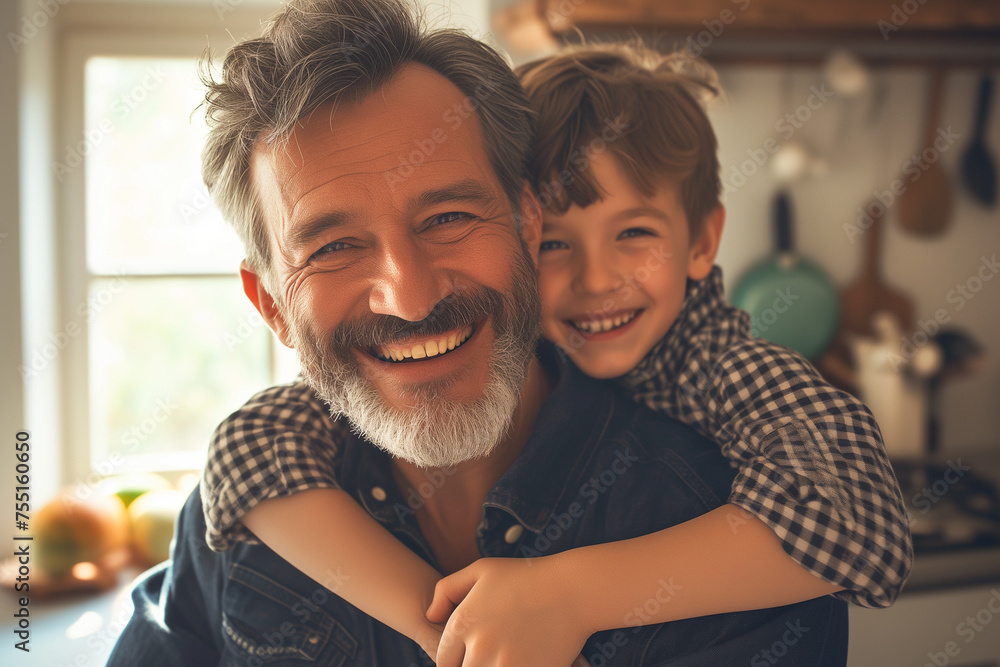 a boy sitting on his back and a grandfather smiling and looking at the camera - obrazy, fototapety, plakaty 