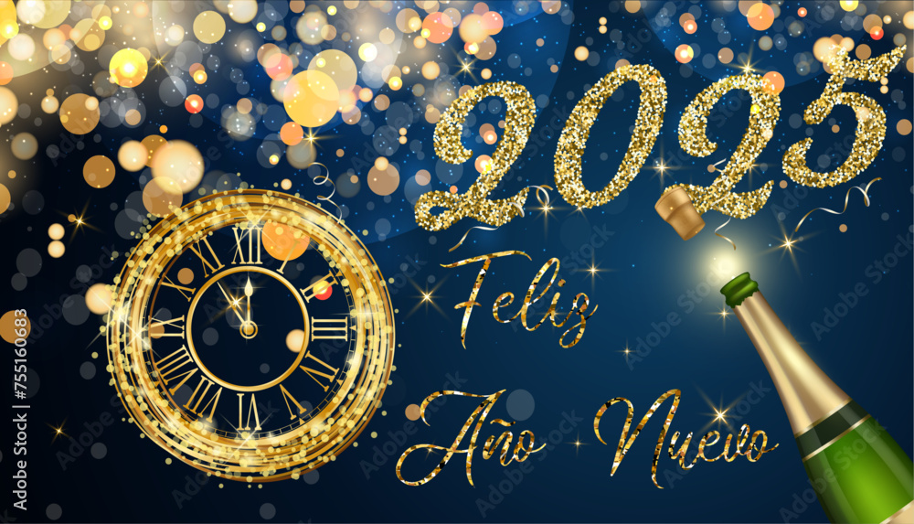 tarjeta o pancarta para desear un feliz año nuevo 2025 en oro con un reloj en la parte inferior, una botella de alcohol sobre un fondo azul degradado con círculos dorados y purpurina en efecto bokeh - obrazy, fototapety, plakaty 