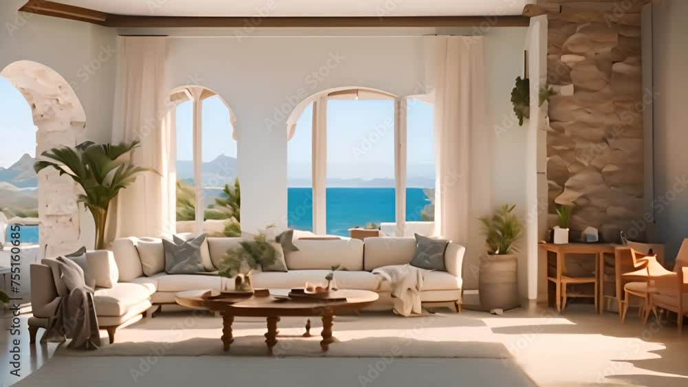 Well-Furnished Living Room With Large Windows Generative AI Well-Furnished Living Room With Large Windows Generative AI