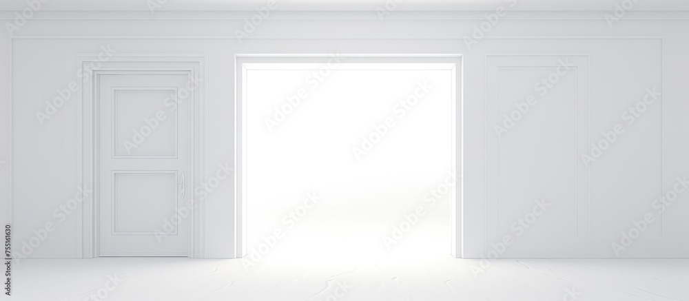 A rectangular white room with a symmetrical design, glass fixture, and transparent door letting light flood in, creating tints and shades on the flooring and ceiling A rectangular white room with a symmetrical design, glass fixture, and transparent door letting light flood in, creating tints and shades on the flooring and ceiling