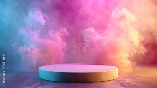 3D render of a sleek, minimalist podium on a vibrant, multicolored smoke background, ideal for showcasing products.