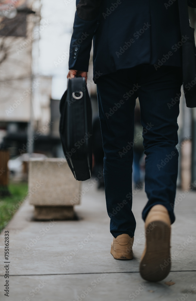Naklejka premium Close-up of a professional man's legs walking outside, carrying a leather briefcase in an urban setting.
