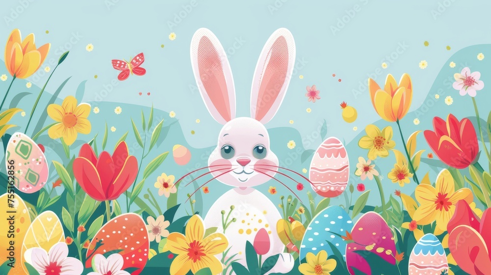 A digital Easter greeting card featuring a cartoon bunny, colorful eggs, and spring flowers with a joyful Easter message. A digital Easter greeting card featuring a cartoon bunny, colorful eggs, and spring flowers with a joyful Easter message.