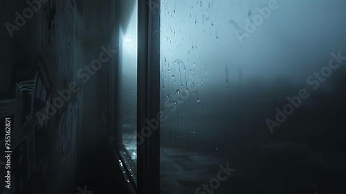 A close up of a window with water droplets on it. The window is dark and the outside is blurry.