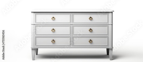 A white dresser made of wood with six rectangle drawers and gold handles, set against a white background. A stylish piece of furniture for any bedroom