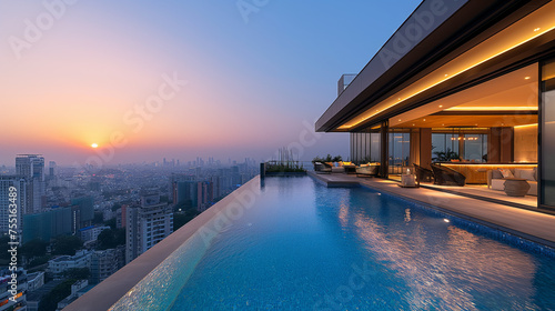 penthouse on a skyscraper with invinity pool, sunrise, sunset over the top, large, exclusive, unique, real estate, millionaire's apartment, generative ai photo