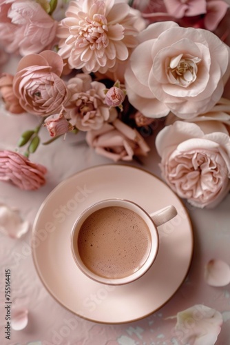 A tranquil scene of cafe au lait amidst a soft floral array