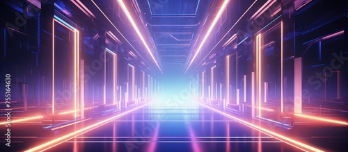 A futuristic hallway is illuminated by vibrant neon lights  casting a blue glow. The sleek design and gradient colors create a striking visual effect.