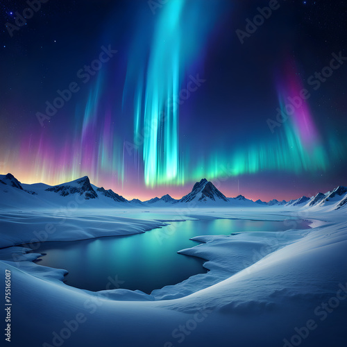 aurora borealis green fluor northern lights and silhouette man watching winter landscape with polar