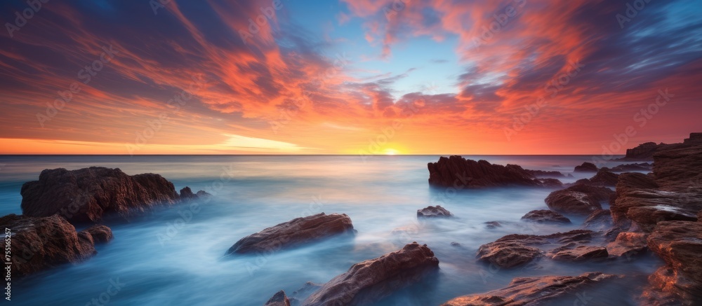 A fluid sunset over the ocean with rocks in the foreground creating a stunning natural landscape art, blending water, sky, and clouds on the horizon