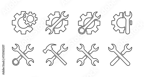 Gear, wrench, hammer and screwdriver set, outline vector set of tools