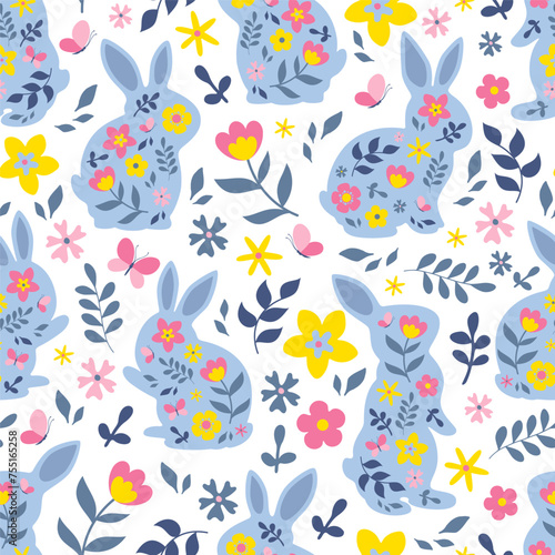 Happy Easter seamless pattern with silhouettes of bunnies and wildflowers. Hand-drawn vector texture.