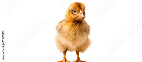 A small bird from the Phasianidae family, known as a Chicken, is standing on its hind legs. Its beak and feather are visible on a white background photo