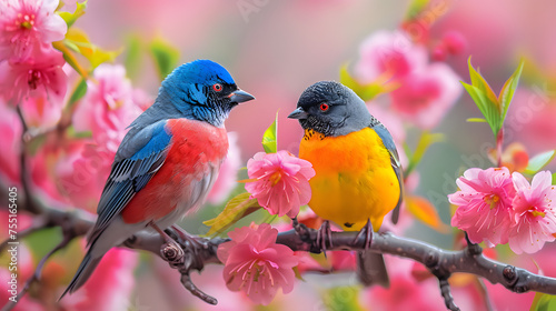 Colorful Bird. Songbird in Cherry Blossoms © Prasanth