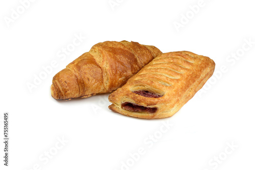 Puff pastry filled with jam and croissant isolated on white background.