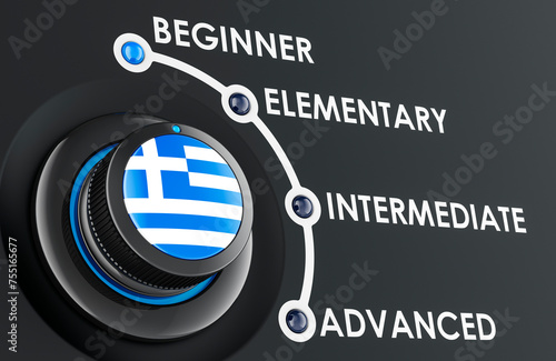 Obraz na plátně Greek levels, learning and improvement Greek language, concept with scale knob
