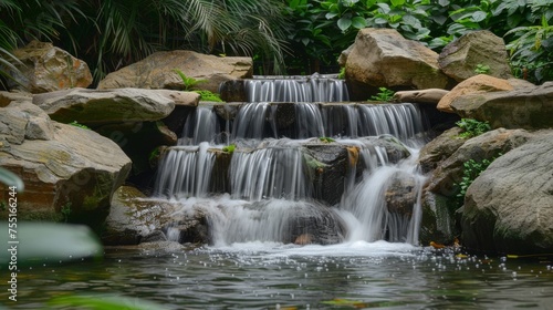 A serene waterfall cascading over smooth rocks, captured in a secluded, tranquil setting.