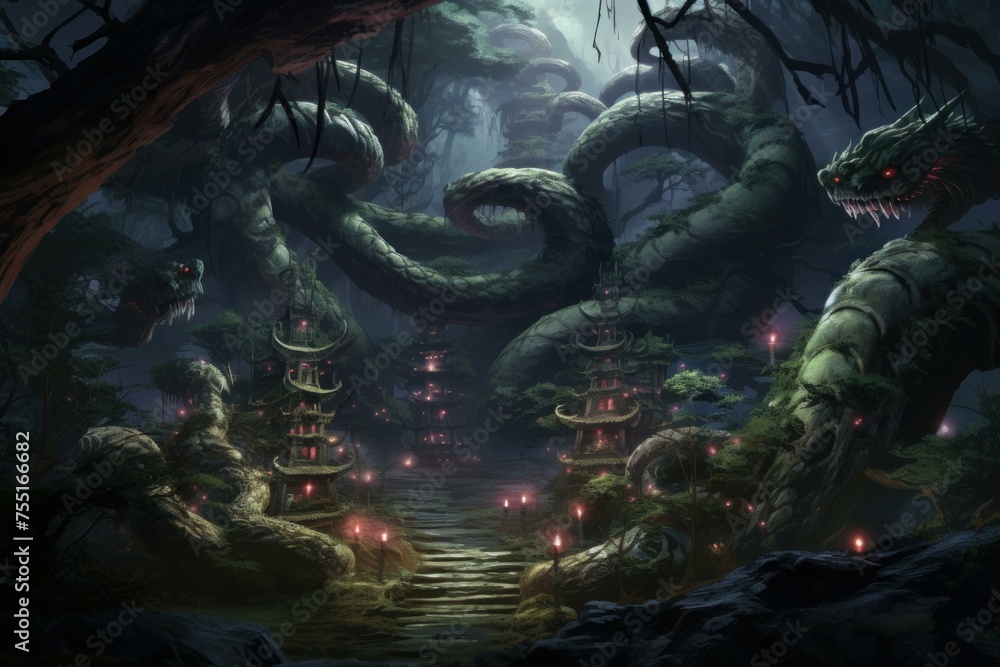 Fototapeta premium Ancient Samurai serpent snake forest. Art tree. Generate Ai