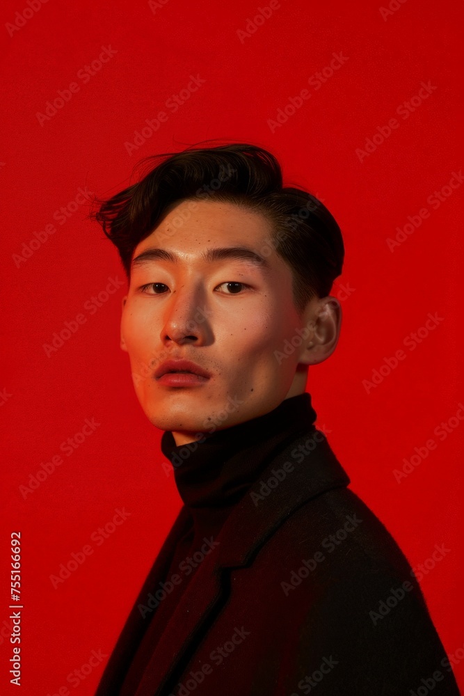 Man in Black Suit on Red Background. Generative AI Man in Black Suit on Red Background. Generative AI