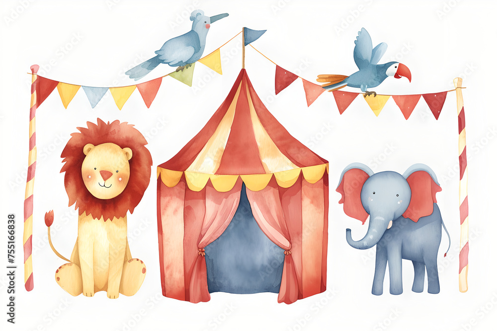 Animals elephant, lion and parrot on background stripes tent of circus for show and childish entertainment. Circus canopy performance. Watercolor illustration - obrazy, fototapety, plakaty 