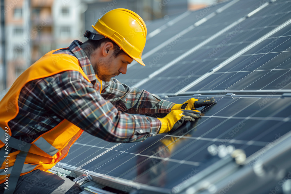 Worker installing solar panels on the roof - AI Generated Worker installing solar panels on the roof - AI Generated