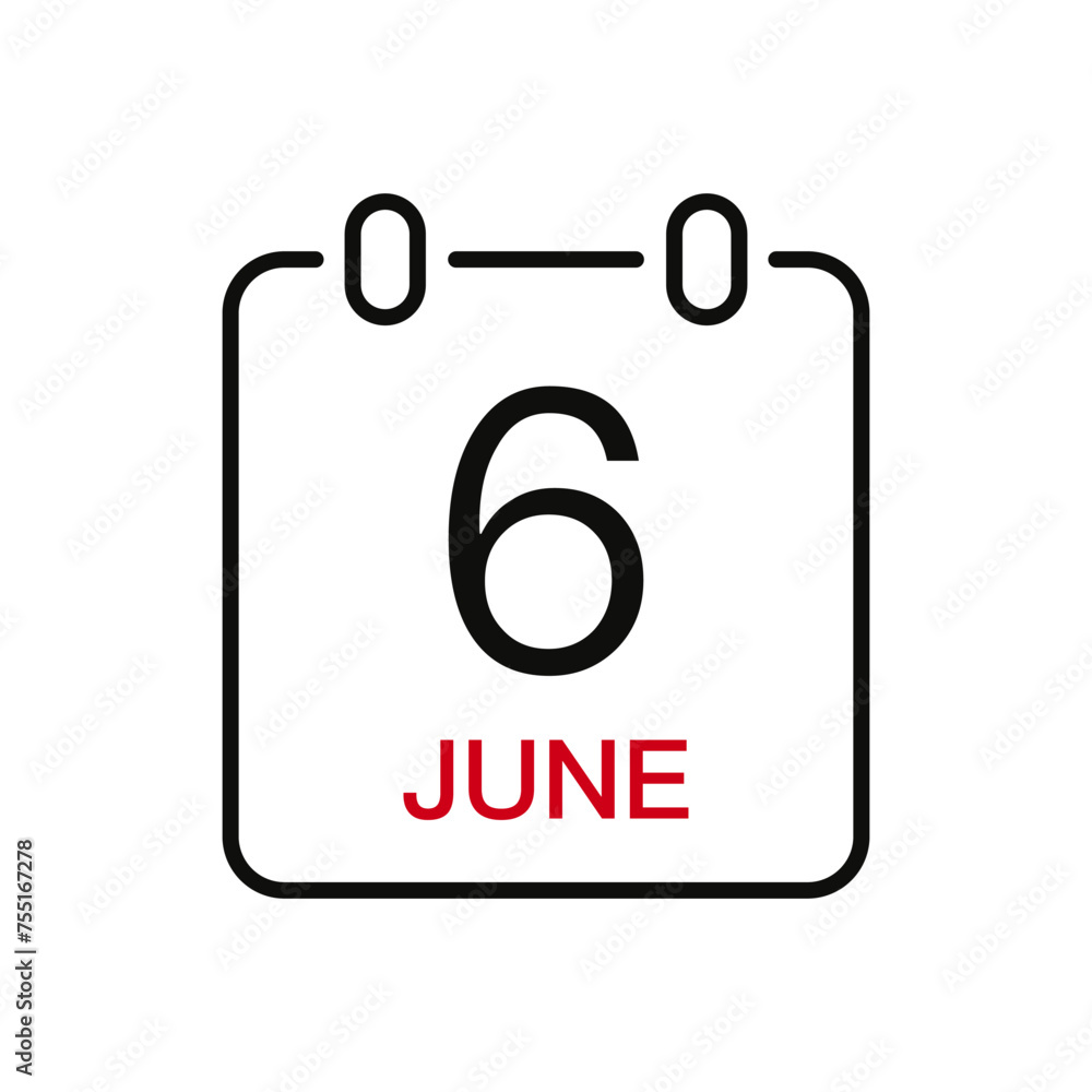 June 6 date on the calendar, vector line stroke icon for user interface. Calendar with date, vector illustration. June 6 date on the calendar, vector line stroke icon for user interface. Calendar with date, vector illustration.