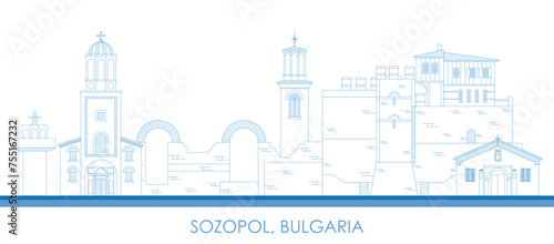 Outline Skyline panorama of town of Sozopol, Bulgaria - vector illustration
