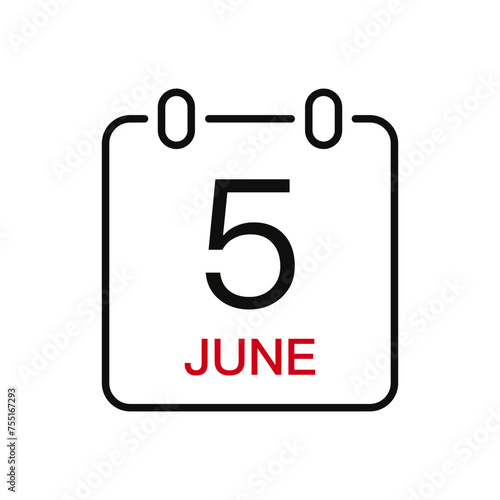June 5 date on the calendar, vector line stroke icon for user interface. Calendar with date, vector illustration.