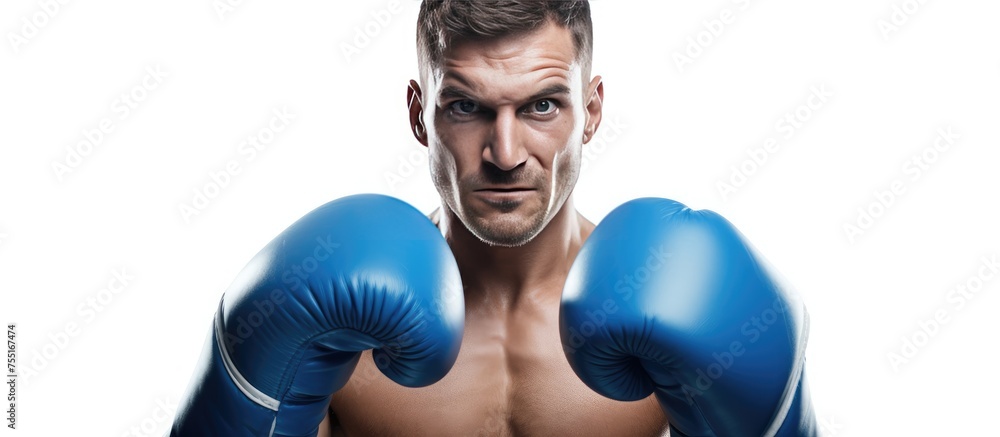 A focused sportsman, wearing blue boxing gloves, poses for a picture as he trains and practices his fighting skills. The man, fully concentrated, is preparing himself before engaging in sparring.