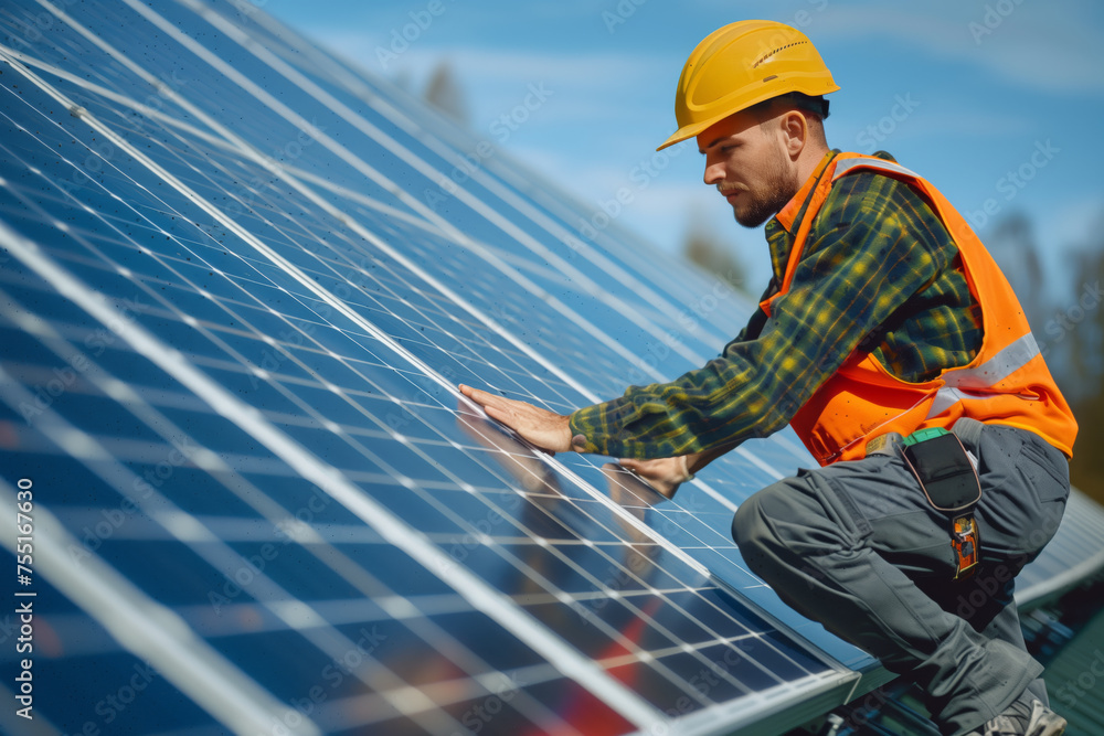 Worker installing solar panels on the roof - AI Generated Worker installing solar panels on the roof - AI Generated