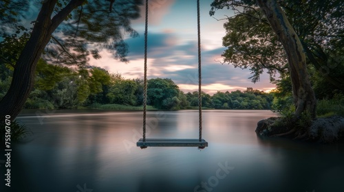 A time-lapse photo of a rope swing moving against a serene backdrop, symbolizing freedom and childhood.