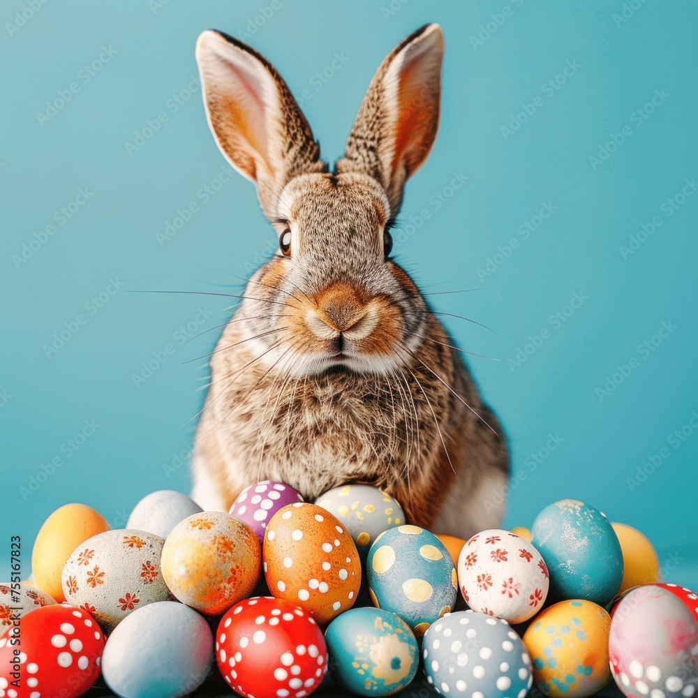 Easter bunny with colorful eggs on blue background Easter bunny with colorful eggs on blue background