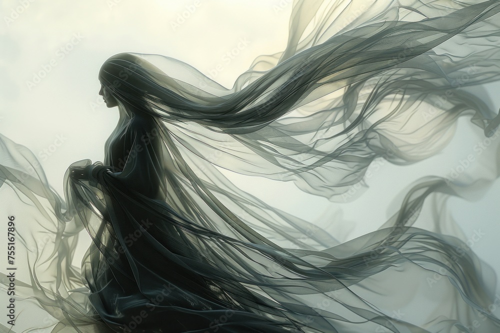 A woman standing with her long hair blowing in the wind. A woman standing with her long hair blowing in the wind.