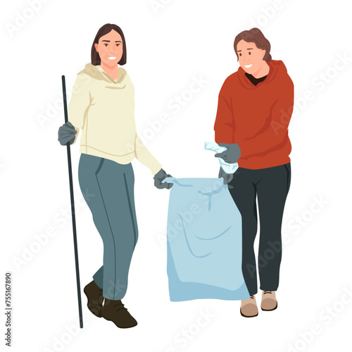 Two women volunteering to collect garbage.